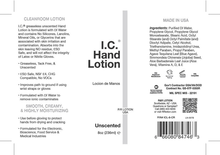 R&R Lotion ICL-32-CR, Cleanroom IC Lotion, Fragrance Free, 32oz Bottle