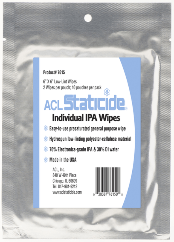 ACL Staticide 7615 IPA Cleaning Wipes 6" x 6", 2 wipes per bag/10 bags per case MTESolutions