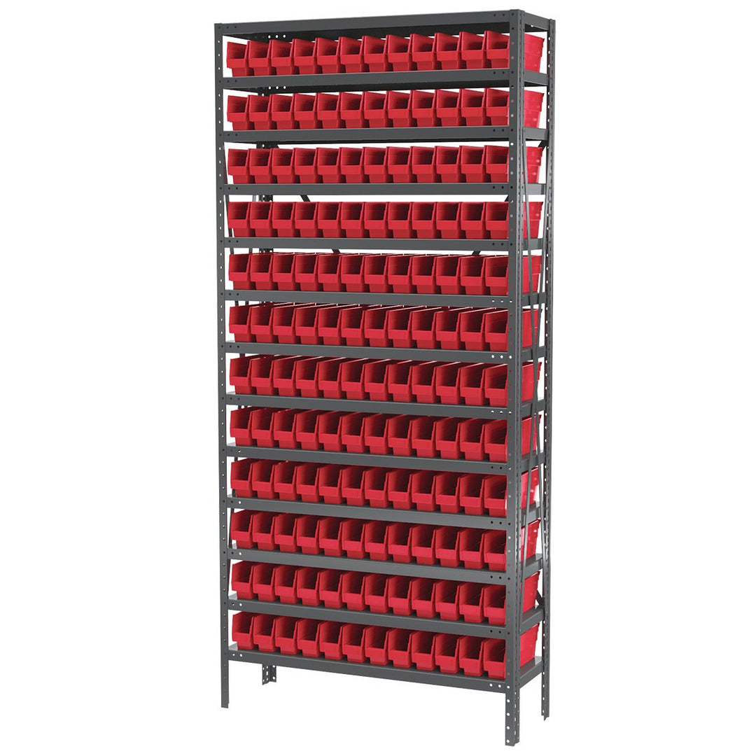 Akro - Mils AS1279110R Steel Shelving Kit, 12x36x79, 144 Red Bins MTESolutions