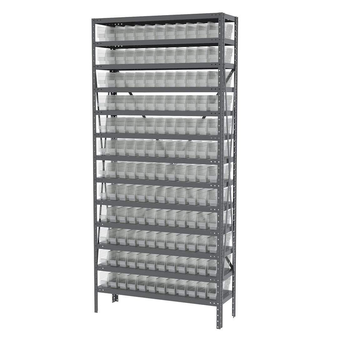 Akro - Mils AS1279110SC Steel Shelving Kit, 12x36x79, 144 Clear Bins MTESolutions
