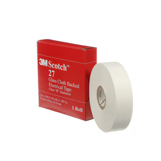 3M 7000132171 Glass Cloth Electrical Tape 27, White, Rubber Thermosetting Adhesive, 1 in x 36 yd (24,4 mm x 33 m), 48/case