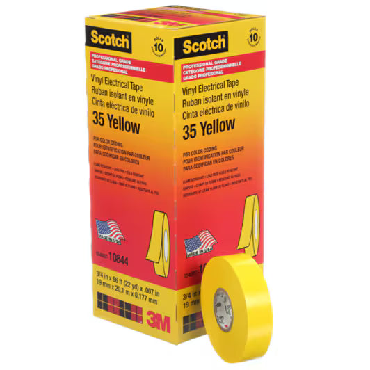 3M 7000006096 Scotch® Vinyl Color Coding Electrical Tape 35, 3/4 in x 66 ft, Yellow