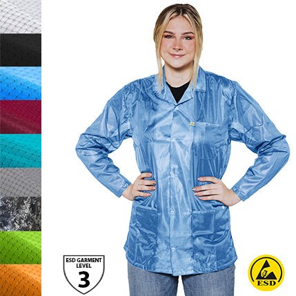 Transforming Technologies JKC9022SPLB ESD Jacket, 3 - 4Ths Length, Collared, 9010 Fabric, Snap Cuff, Small, Light Blue MTESolutions