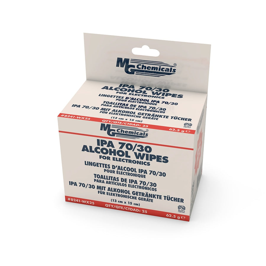 MG Chemicals 8241-WX25, 70% Isopropyl Alcohol Wipes, 25 Individual Packs/Box, Case of 5 Boxes