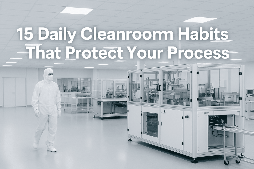 Cleanroom operator following daily contamination control habits including gowning, surface wiping, and sticky mat use