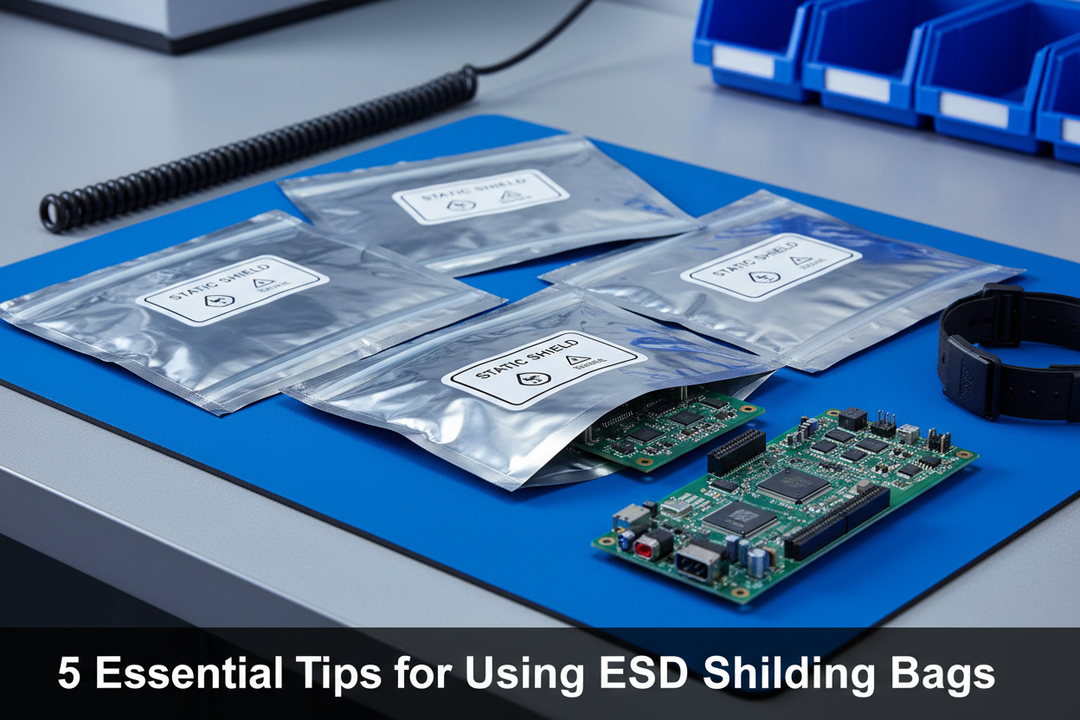ESD shielding bags properly sealed on a grounded ESD mat with a circuit board — 5 Essential Tips for Using ESD Shielding Bags