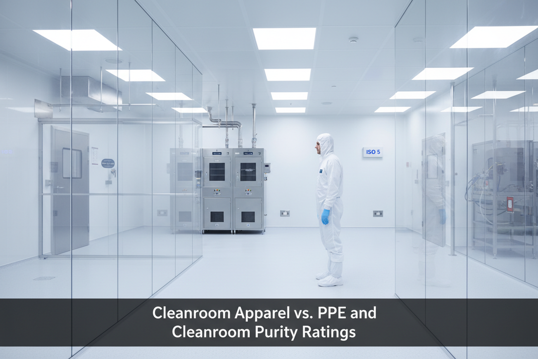 Cleanroom worker in full white coverall, hood, gloves, and shoe covers — Cleanroom Apparel vs. PPE and ISO Purity Ratings Guide