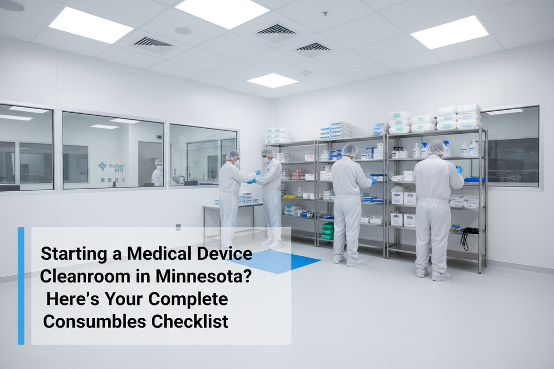 Flat lay of medical device cleanroom consumables including coveralls, nitrile gloves, polyester wipes, sterile IPA, sticky mat, and ESD wrist strap arranged on a white cleanroom surface