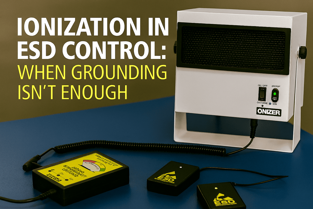 Benchtop ionizer used in electronics manufacturing to neutralize static charge on ESD-sensitive components and surfaces