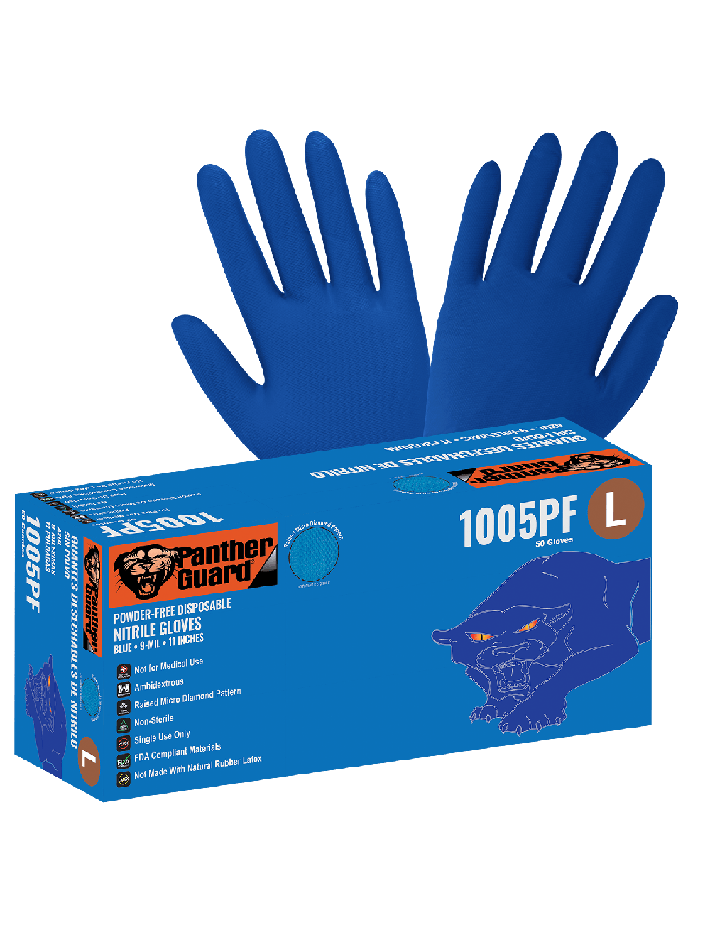 Global Glove 1005PF Panther-Guard® Heavyweight Nitrile, Powder-Free, Industrial-Grade, Raised Micro-Diamond Pattern, Blue, 9-Mil, 11-Inch Disposable Gloves 