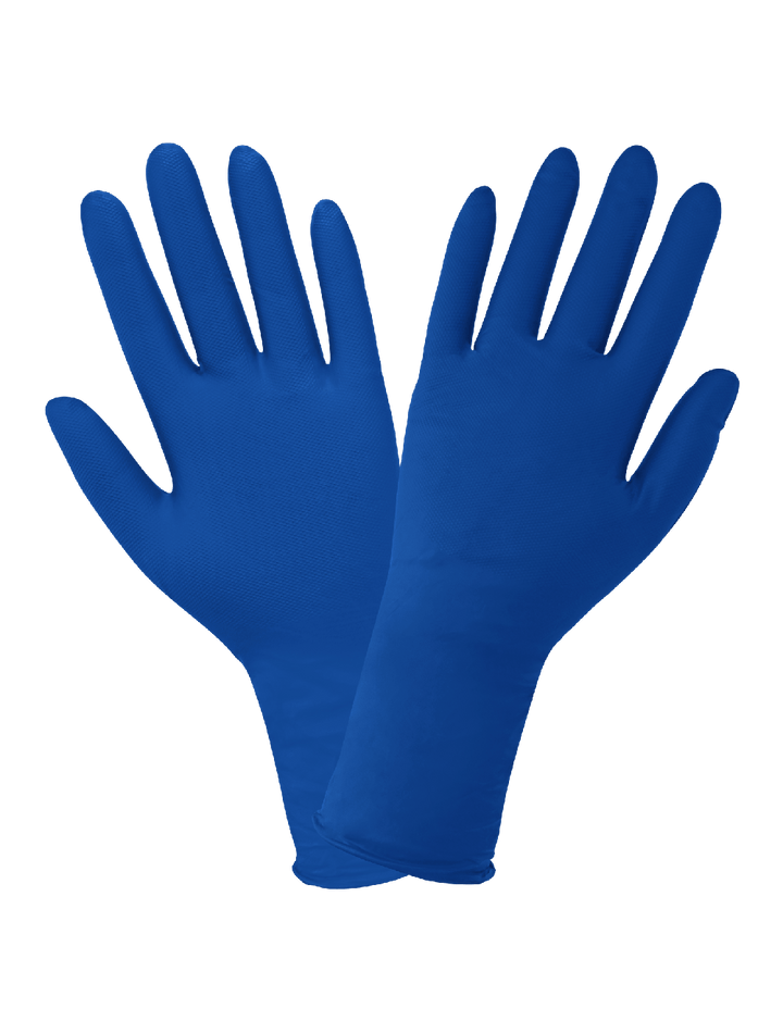 Global Glove 1005PF Panther-Guard® Heavyweight Nitrile, Powder-Free, Industrial-Grade, Raised Micro-Diamond Pattern, Blue, 9-Mil, 11-Inch Disposable Gloves 