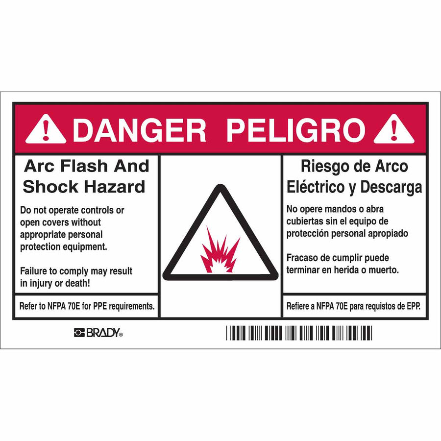 Brady 101955, Arc Flash Labels - Self-Sticking Polyester, English/Spanish Bilingual, Pack of 5 Labels, Black/Red on White