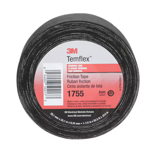 3M 7100009255 Temflex™ Cotton Friction Tape 1755, 1-1/2 in x 82-1/2 ft, Black, 30 rolls/Case