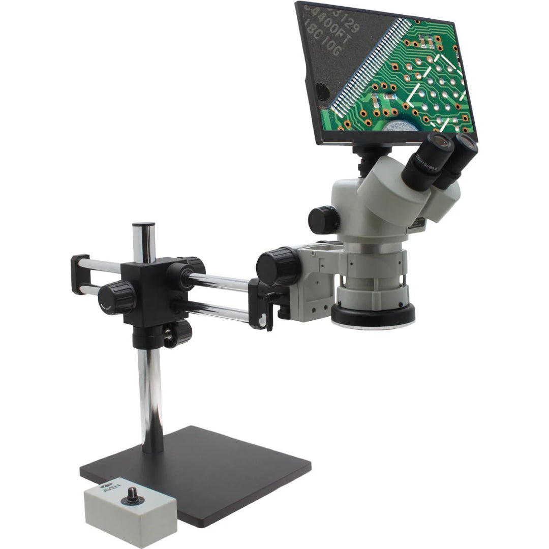 Aven 26800B-711 SPZV-50 Stereo Zoom Microscope, 6.7x–50x with DABS Table Clamp and LED Ring Light