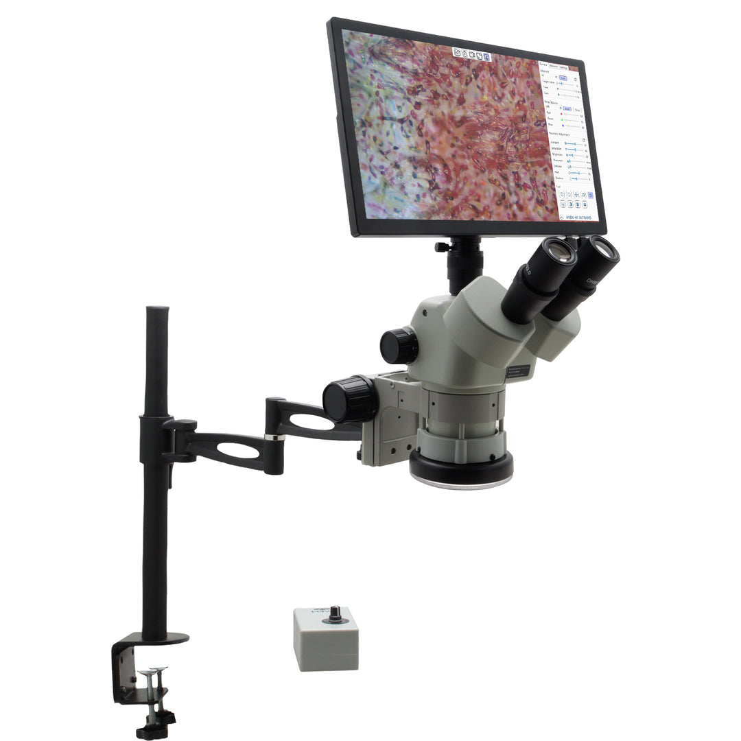 Aven 26800B-728 SPZV-50 Stereo Zoom Microscope, 6.7x–50x with Eidos 4K XL Camera Monitor