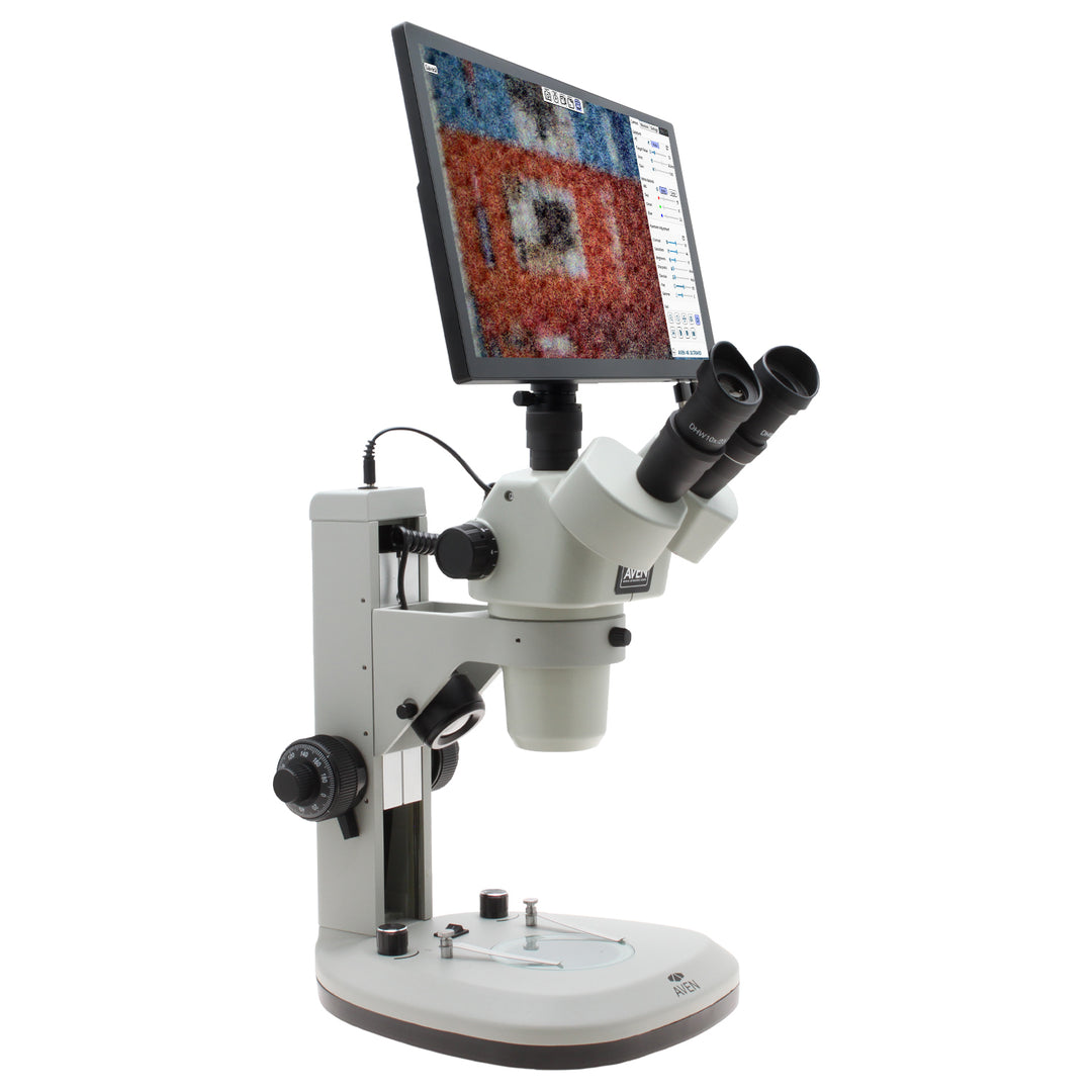 Aven 26800B-732 SPZV-50 Trinocular Stereo Zoom Microscope, 6.7x–50x with Eidos 4K XL Camera Monitor