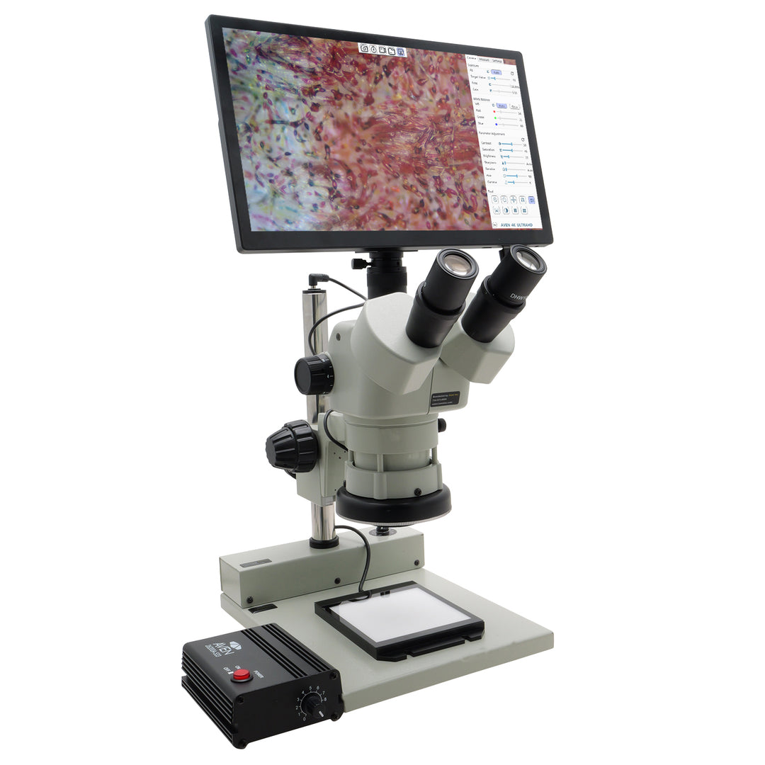 Aven 26800B-733 SPZV-50 Trinocular Stereo Zoom Microscope, 6.75x–50x with Eidos 4K XL Camera Monitor