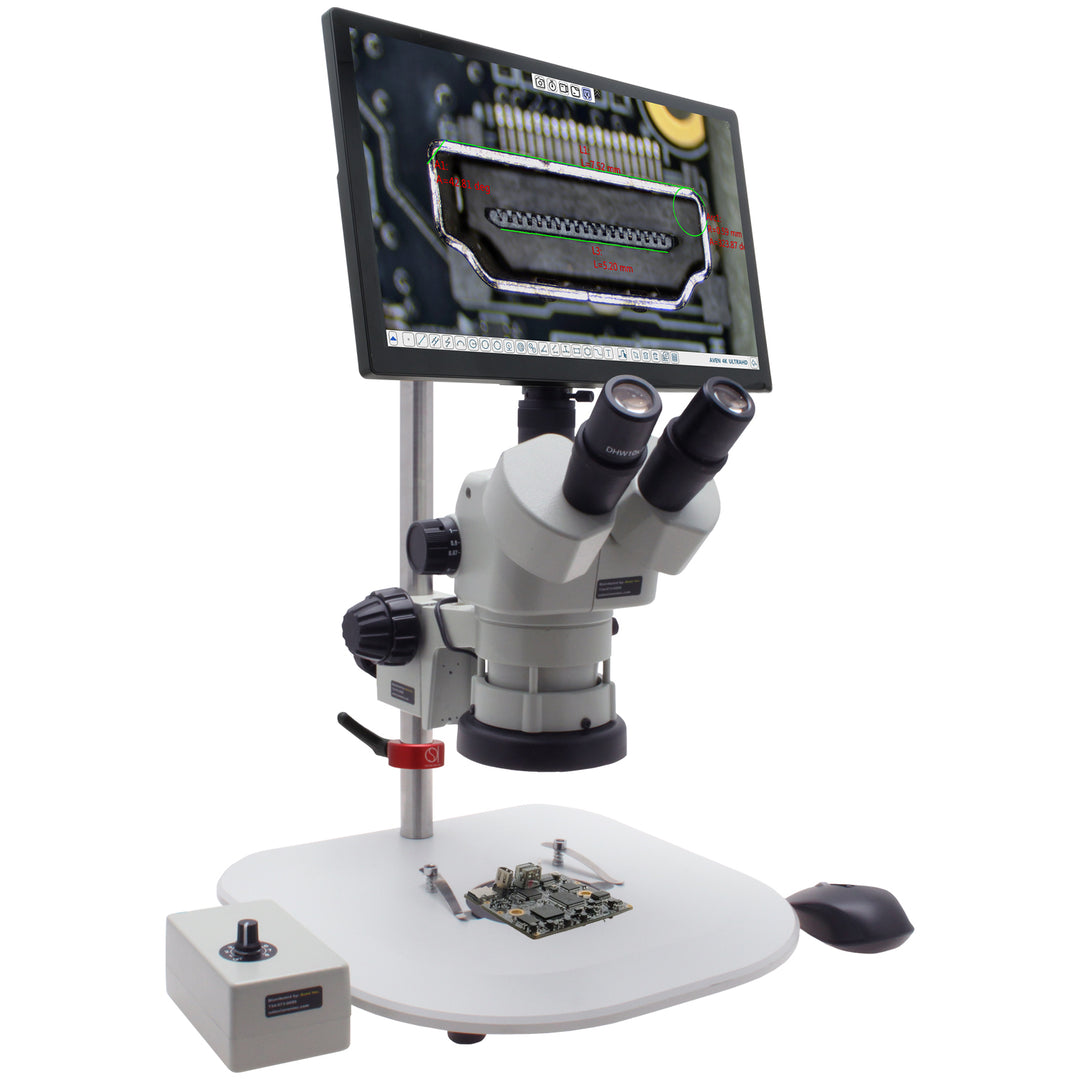 Aven 26800B-734 SPZV-50 Trinocular Stereo Zoom Microscope, 6.7x–50x with Eidos 4K XL Camera