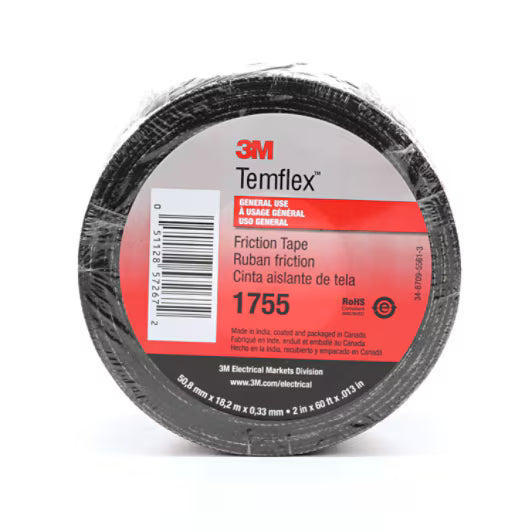 3M 7100016886 Temflex™ Cotton Friction Tape 1755, 2 in x 60 ft, Black, 30 rolls/Case