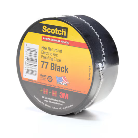 3M 7100004537 Scotch® Fire-Retardant Electric Arc Proofing Tape 77, 1-1/2 in x 20 ft, Black, 1 roll/carton, 10 rolls/Case
