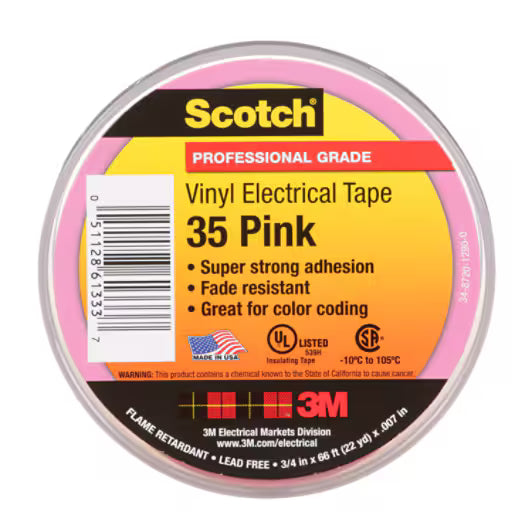3M 7010411602 Scotch® Vinyl Color Coding Electrical Tape 35, 3/4 in x 66 ft, Pink, 10 rolls/carton