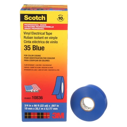 3M 7000006095 Scotch® Vinyl Color Coding Electrical Tape 35, 3/4 in x 66 ft, Blue, 10 rolls/carton, 100 rolls/Case MTESolutions