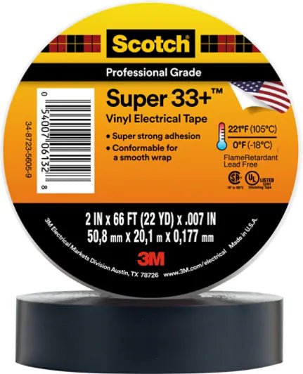 3M 7000058137 Scotch® Super 33+ Vinyl Electrical Tape, 2 in x 66 ft, 1 - 1/2 in Core, Black, 12 rolls/carton, 24 rolls/Case MTESolutions