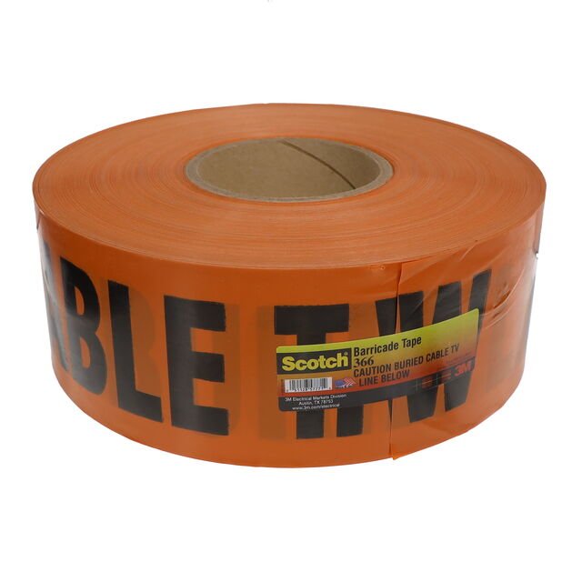 3M 7010397990 Scotch® Buried Barricade Tape 366, CAUTION BURIED CABLE TV LINE BELOW, 3 in x 1000 ft, Orange, 8 rolls/Case MTESolutions