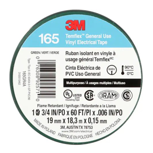 3M 7100169430 Temflex Vinyl Electrical Tape 165, Green, 3/4 in x 60 ft (19 mm x 18 m), 6 mil, 100 Rolls/Case MTESolutions