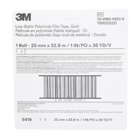 3M 7000125231 Low-Static Polyimide Film Tape 5419 Gold, 1 in x 36 yds x 2.7 mil, Plastic Core
