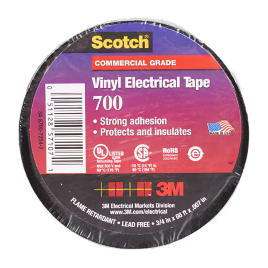 3M 7000058619 Scotch® Vinyl Electrical Tape 700, 2 in x 20 ft, Black, 100 rolls/Case, NO SHRINKWRAP