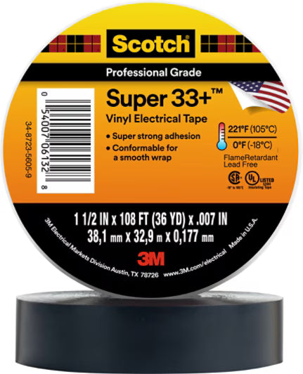 3M 7000031512 Scotch® Super 33+ Vinyl Electrical Tape, 1-1/2 in x 36 yd, 1-1/2 in Core, Black, 50 rolls/Case