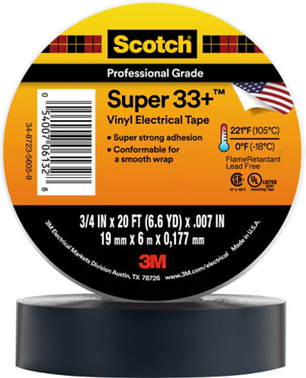 3M 7000058432 Scotch® Super 33+ Vinyl Electrical Tape, 3/4 in x 20 ft, Black, 10 rolls/carton, 100 rolls/Case