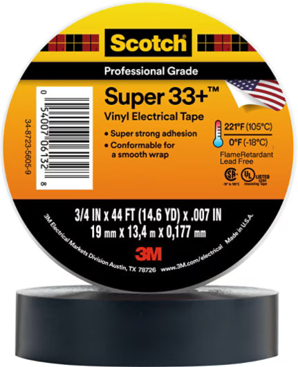3M 7010350130 Scotch® Super 33+ Vinyl Electrical Tape, 3/4 in x 44 ft, Black, 10 rolls/carton, 100 rolls/Case