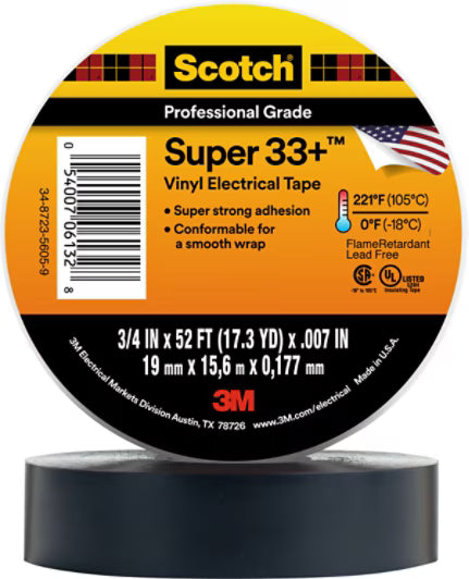 3M 7010397928 Scotch® Super 33+ Vinyl Electrical Tape, 3/4 in x 52 ft, Black, 10 rolls/carton, 100 rolls/Case