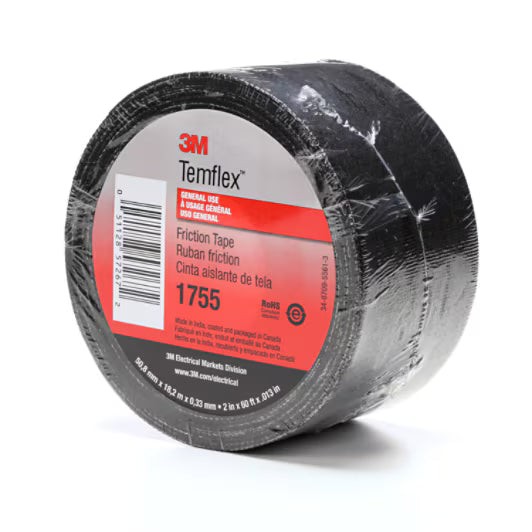3M 7100016886 Temflex™ Cotton Friction Tape 1755, 2 in x 60 ft, Black, 30 rolls/Case