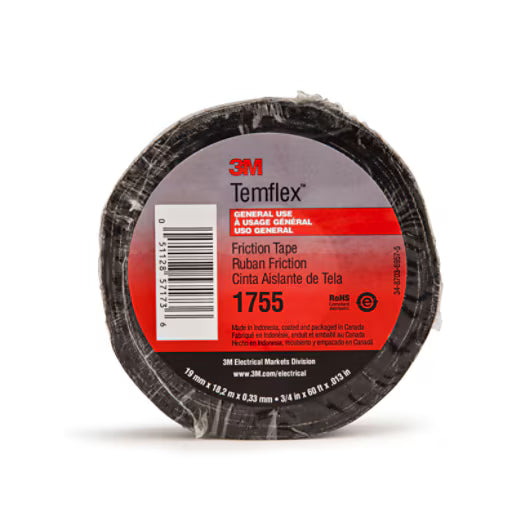 3M 7010297809 Temflex™ Cotton Friction Tape 1755, 3/4 in x 82-1/2 ft, Black, 60 rolls/Case