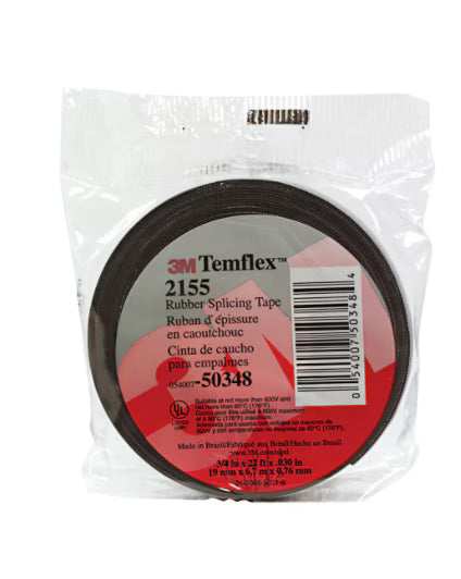 3M 7000089970 Temflex Rubber Splicing Tape 2155, 3/4 in x 22 ft, Black, 20 rolls/Case