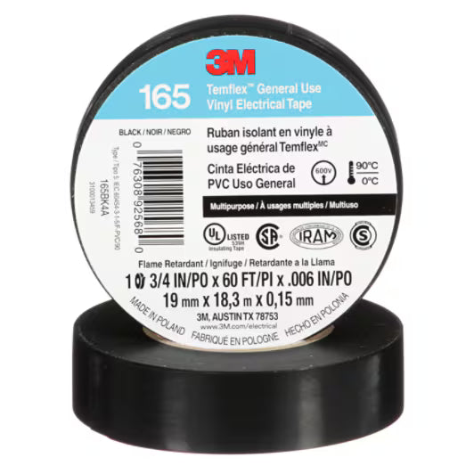 3M 7100169254 Temflex Vinyl Electrical Tape 165, Black, 3/4 in x 60 ft x .006 in, 100 Rolls/Case