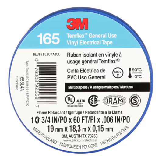 3M 7100169429 Temflex Vinyl Electrical Tape 165, Blue, 3/4 in x 60 ft (19 mm x 18 m), 6 mil, 100 Rolls/Case
