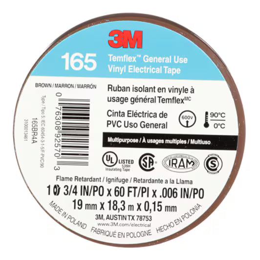 3M 7100169191 Temflex Vinyl Electrical Tape 165, Brown, 3/4 in x 60 ft (19 mm x 18 m), 6 mil, 100 Rolls/Case