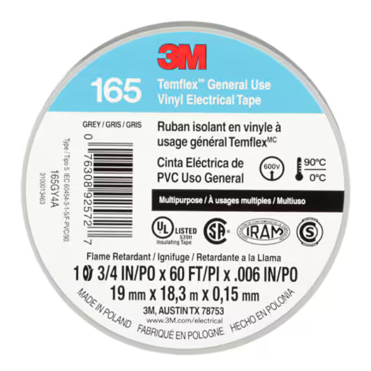 3M 7100169192 Temflex Vinyl Electrical Tape 165, Gray, 3/4 in x 60 ft (19 mm x 18 m), 6 mil, 100 Rolls/Case