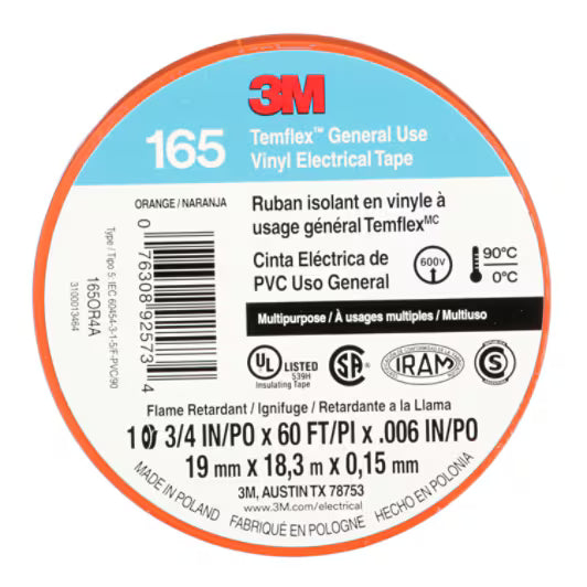 3M 7100169433 Temflex Vinyl Electrical Tape 165, Orange, 3/4 in x 60 ft (19 mm x 18 m), 6 mil, 100 Rolls/Case
