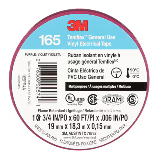 3M 7100169434 Temflex Vinyl Electrical Tape 165, Purple, 3/4 in x 60 ft (19 mm x 18 m), 6 mil, 100 Rolls/Case
