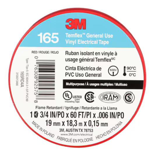 3M 7100169492 Temflex Vinyl Electrical Tape 165, Red, 3/4 in x 60 ft (19 mm x 18 m), 6 mil, 100 Rolls/Case