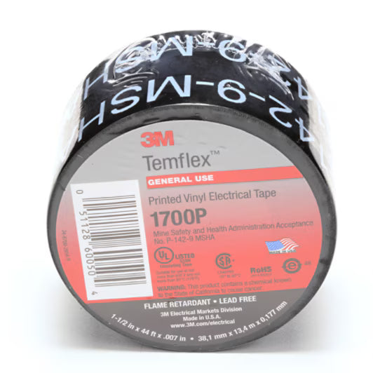 3M 7000133684 Temflex Mining-Grade Vinyl Electrical Tape 1700P, 1-1/2 in x 66 ft, Printed, Black, 1 roll/carton, 50 rolls/Case