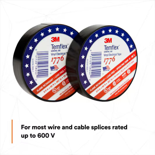 3M 7010398066 Temflex Vinyl Electrical Tape 1776, 3/4 in x 60 ft, 1-1/2 in Core, Black, 1 roll/carton, 100 rolls/Case