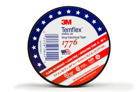 3M 7010398066 Temflex Vinyl Electrical Tape 1776, 3/4 in x 60 ft, 1-1/2 in Core, Black, 1 roll/carton, 100 rolls/Case