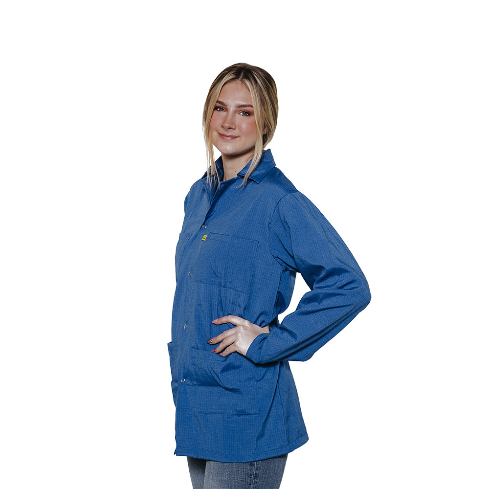 Transforming Technologies JWC5403SPLB ESD Jacket, Waist Length, Collared, 5049 Fabric, Snap Cuff,  Medium, Light Blue