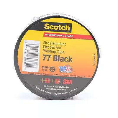 3M 7100004537 Scotch® Fire-Retardant Electric Arc Proofing Tape 77, 1-1/2 in x 20 ft, Black, 1 roll/carton, 10 rolls/Case